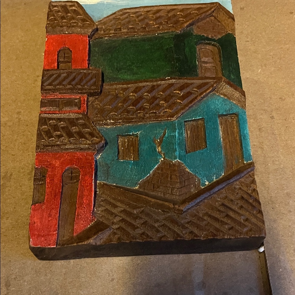 Colorful Village Scene Wooden Art